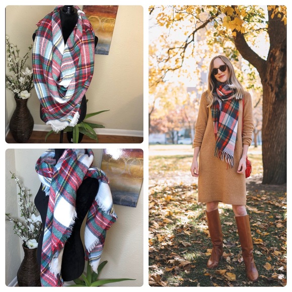 Multi Plaid Flannel Blanket Scarf Red Green Blue 100% Acrylic - Picture 1 of 11